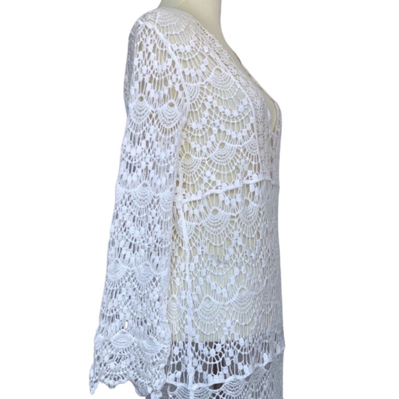 Boho Long Sleeve White Crochet Knit Hollow-Out Beach Coverup - Picture 10 of 15